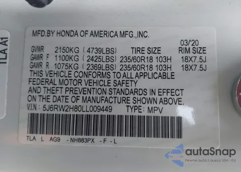 2020 Honda Cr-V Awd Ex-L from USA, damaged, VIN 5J6RW2H80LL009449